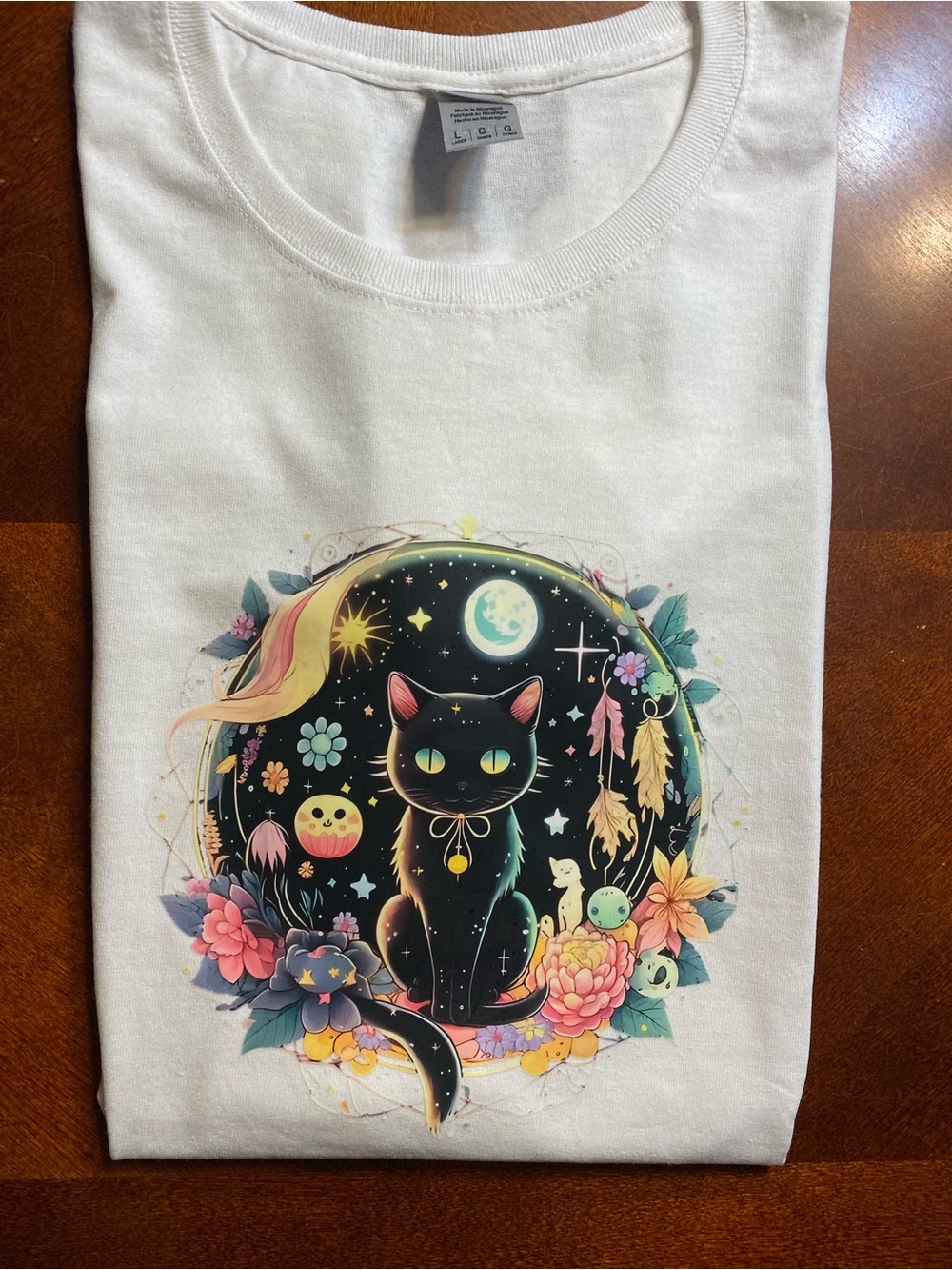 Woman’s Relaxed White Cat Customized Graphic Tee with Celestial Design